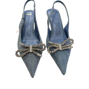 Mango MNG Women’s Denim Sling Backs With Crystal Bow Kitten Heel NEW Sz 7 NEW